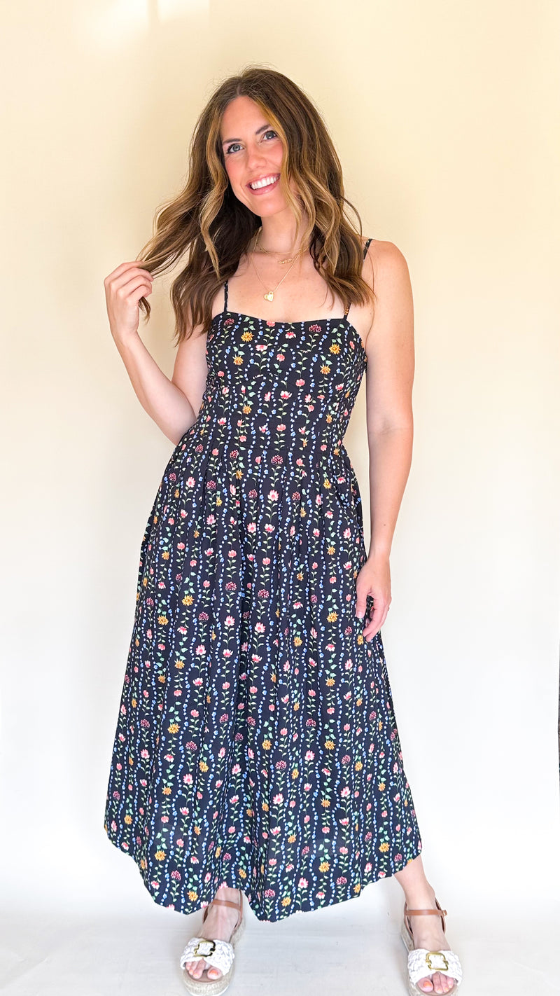 Ivy Floral Midi Dress in Black