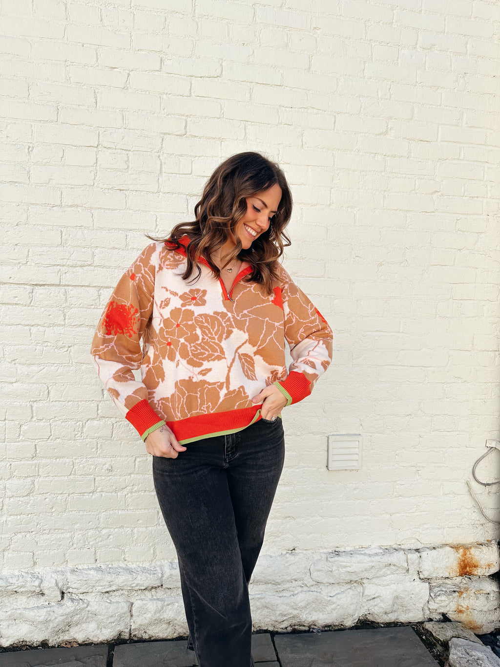 Coral Floral Half Zip Sweater