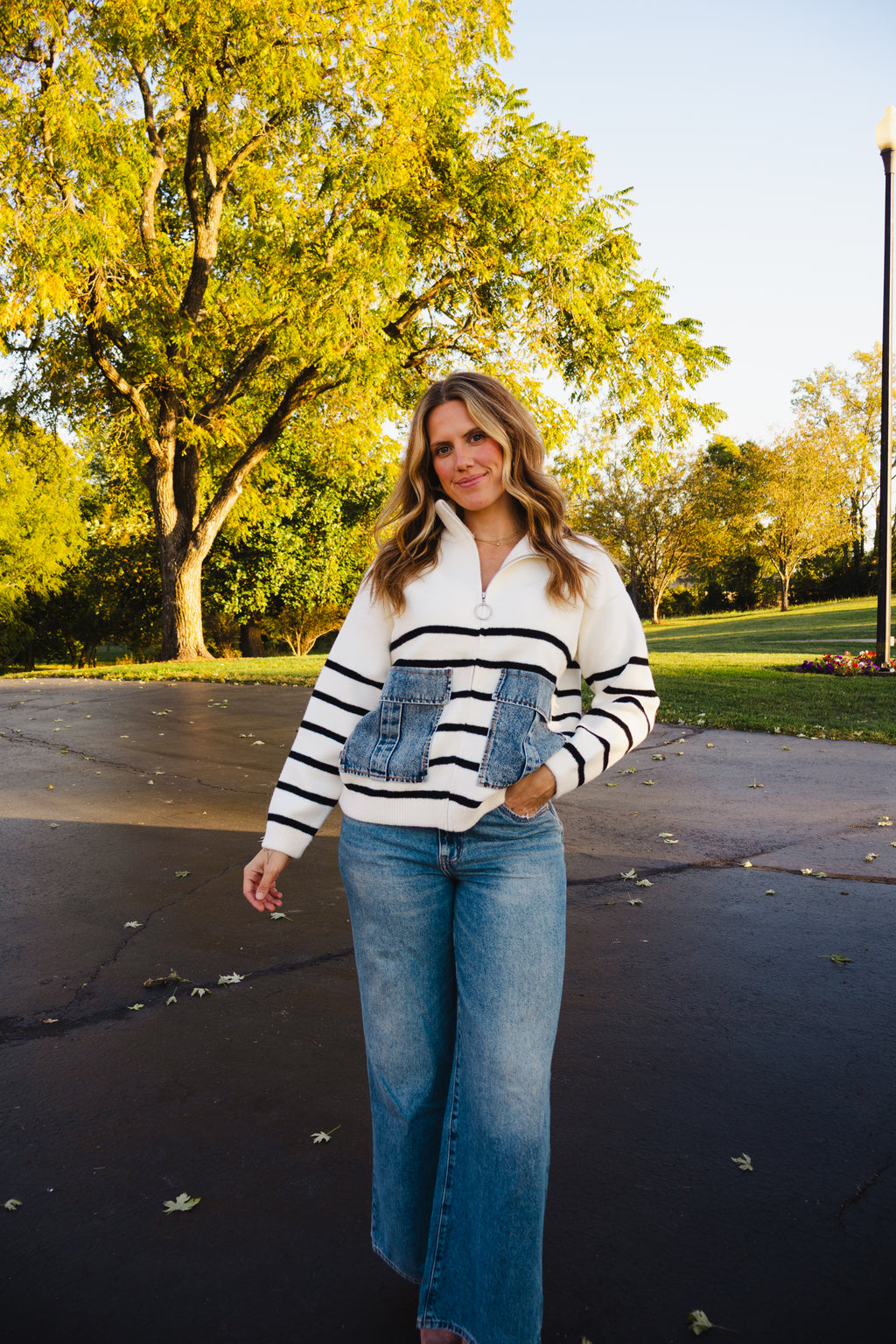 Denim Pocket Striped Cardigan
