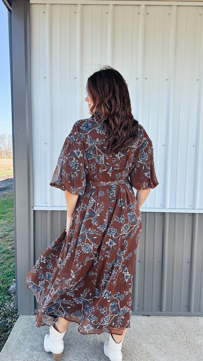 Floral Puff Sleeve Midi Dress