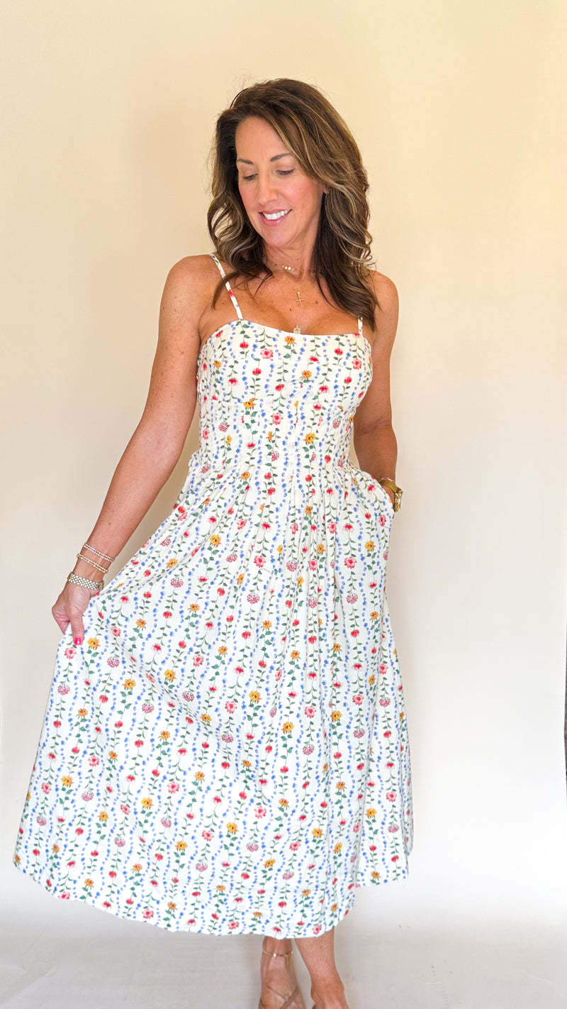 Ivy Floral Midi Dress in Cream