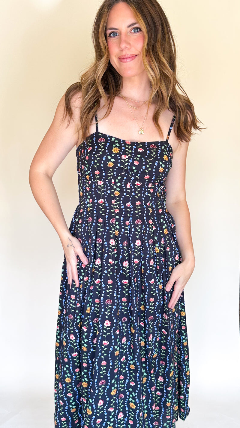 Ivy Floral Midi Dress in Black
