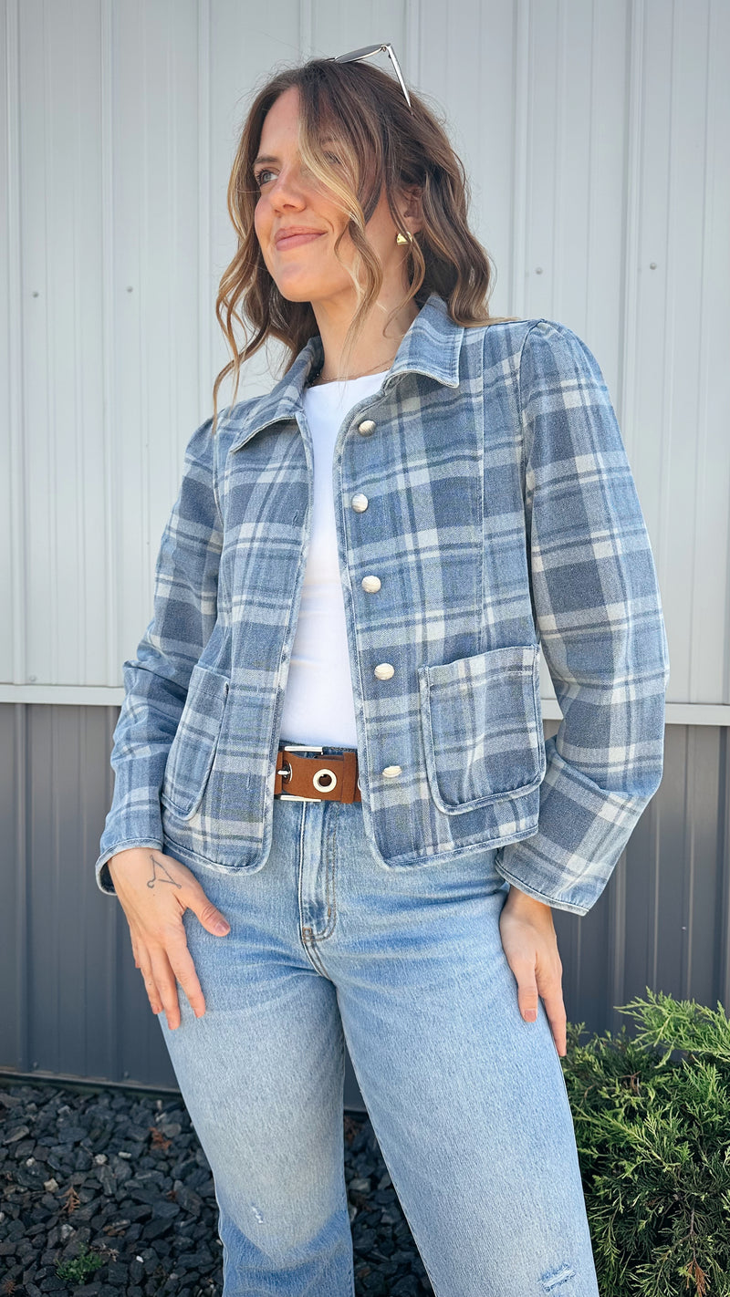 Blue Jean Plaid Jacket Minash Boutique Blue Jean Plaid Jacket Minash Boutique