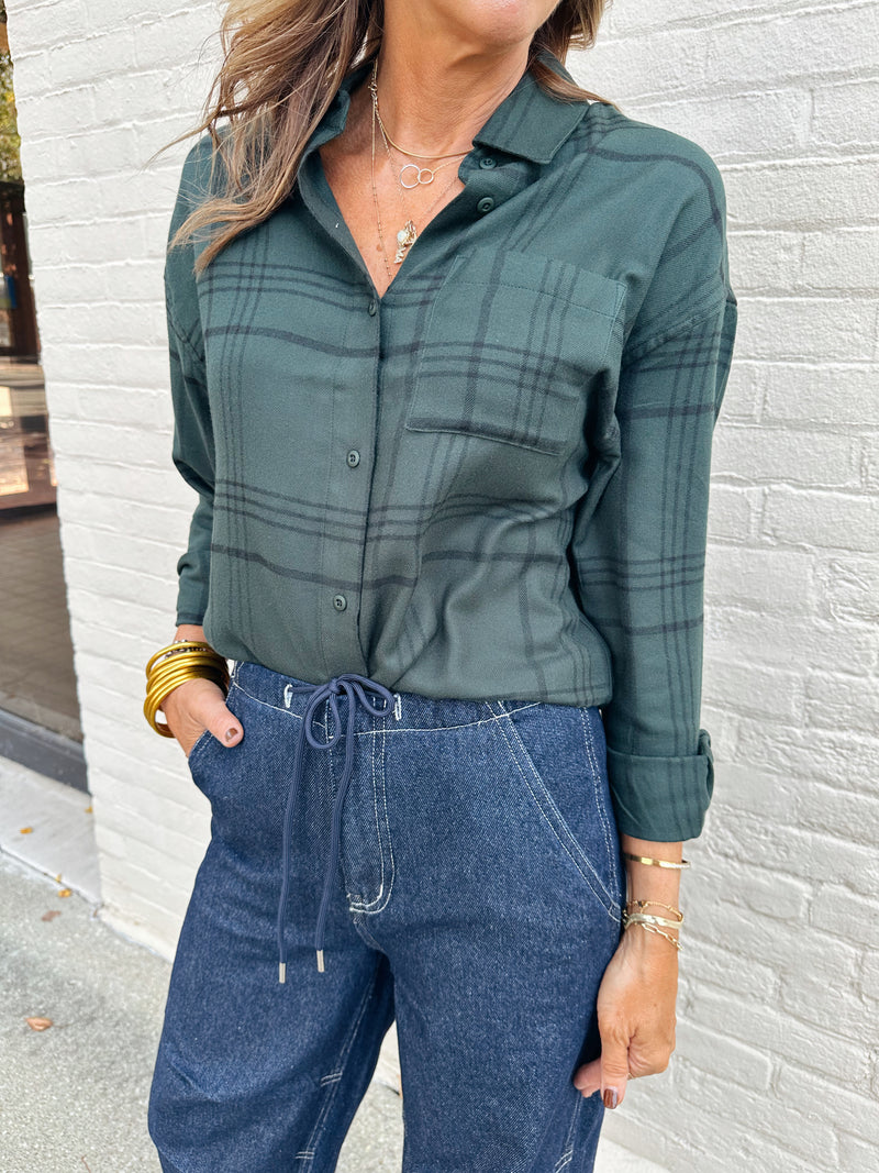 River Plaid Button Up in Cyprus Green