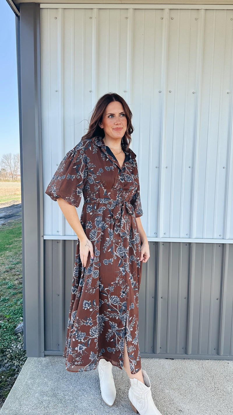 Floral Puff Sleeve Midi Dress