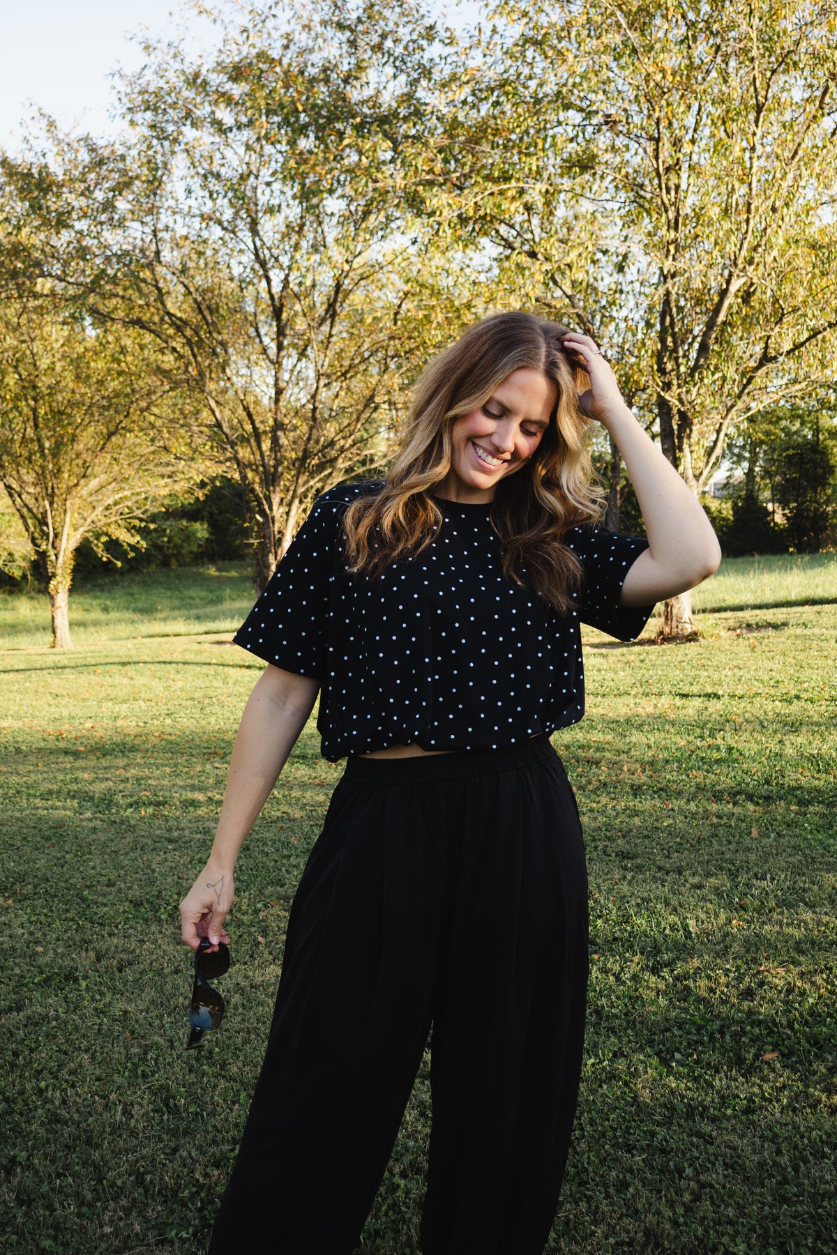 Bubble Hem Tee in Black Dot