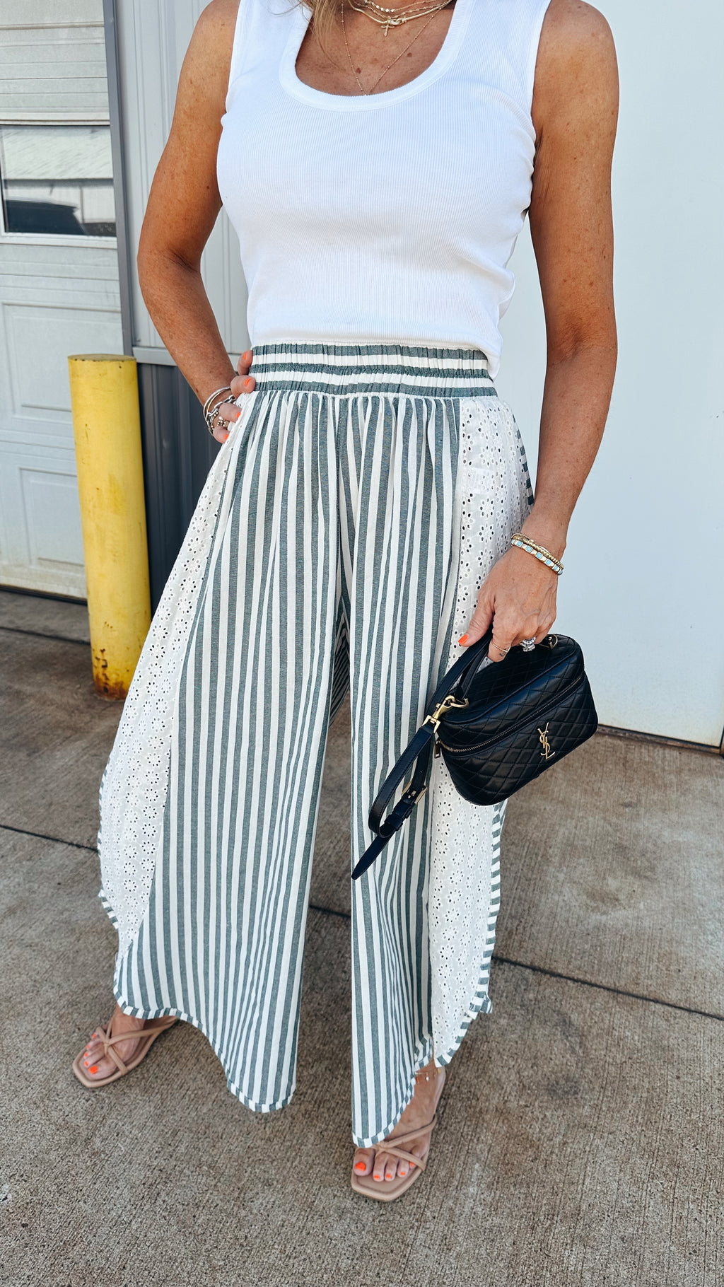 Holland Striped Eyelet Pant in Green