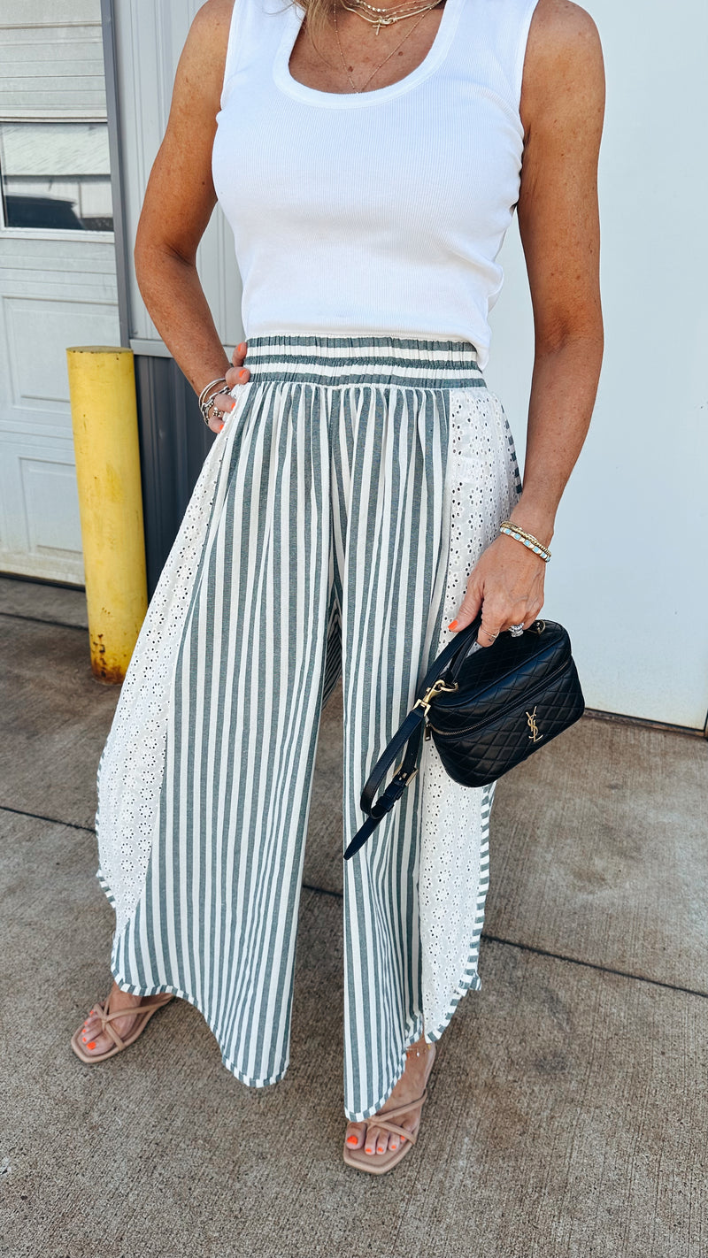 Holland Striped Eyelet Pant in Green