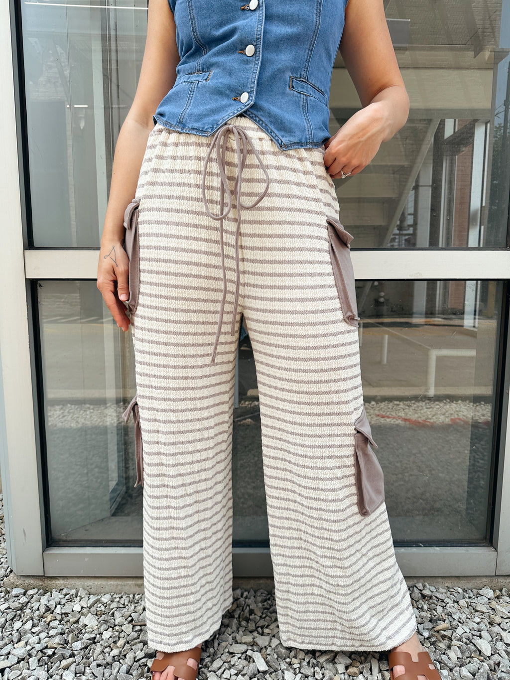 Striped Cargo Wide Leg in Taupe