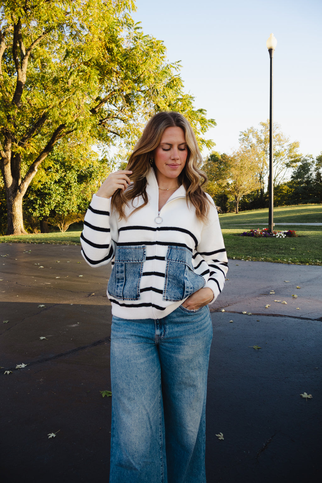 Denim Pocket Striped Cardigan