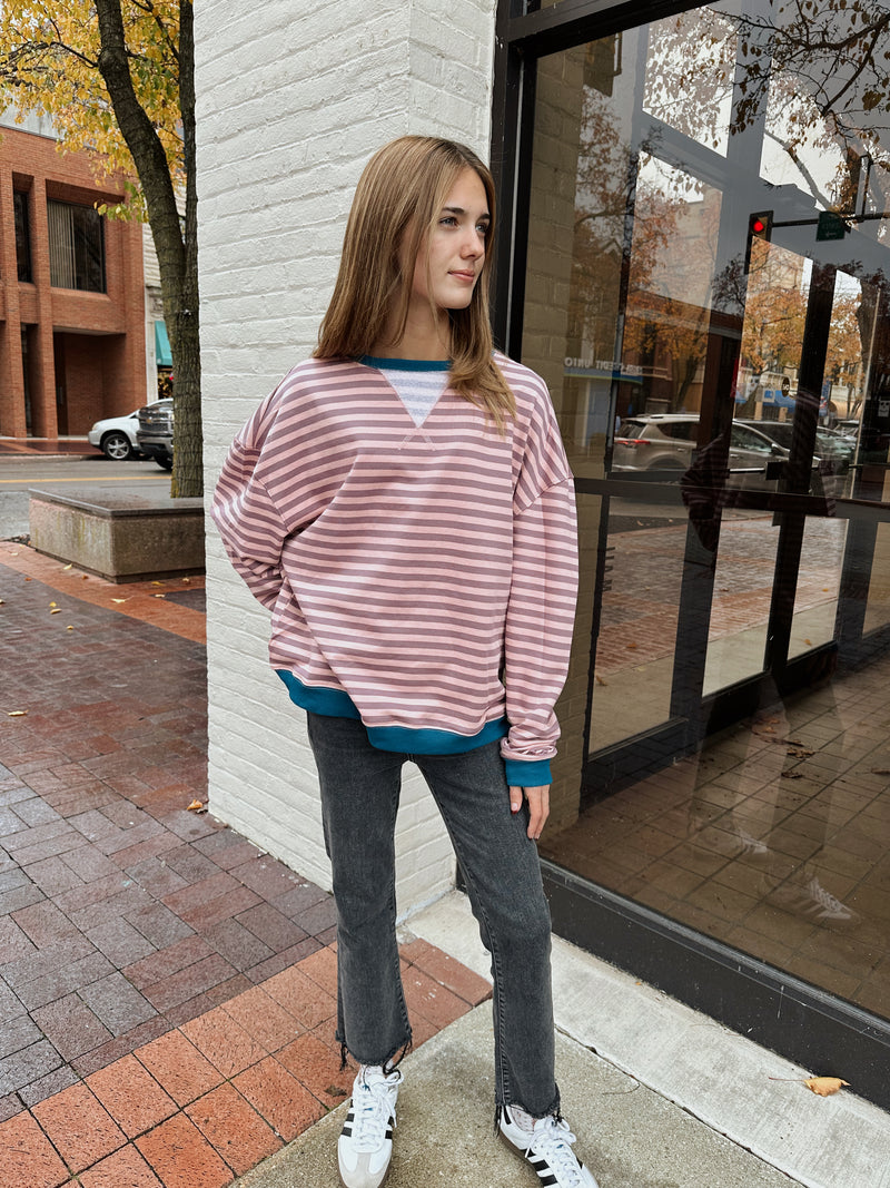 The Striped Crewneck Sweatshirt in Mauve