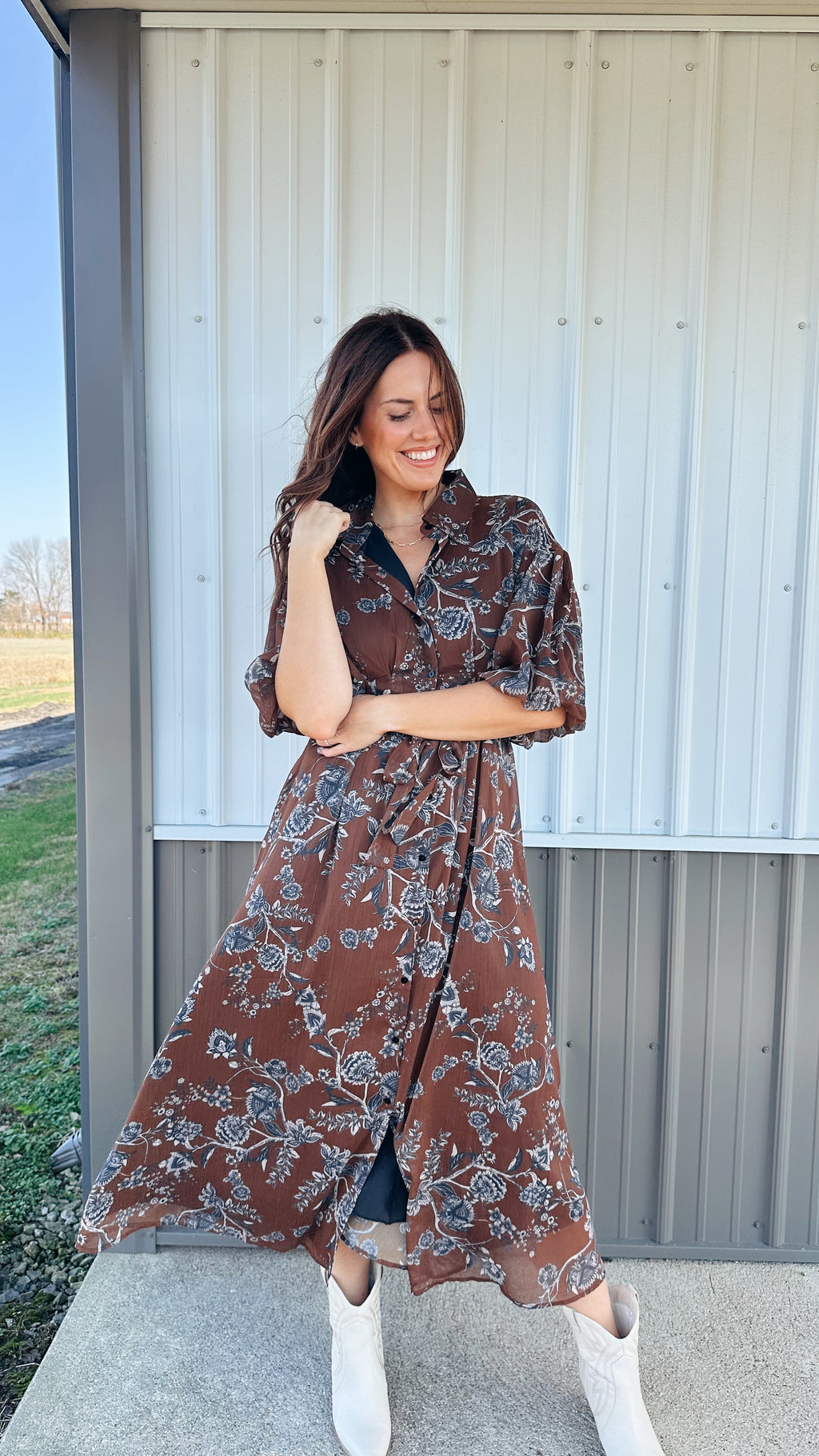 Floral Puff Sleeve Midi Dress