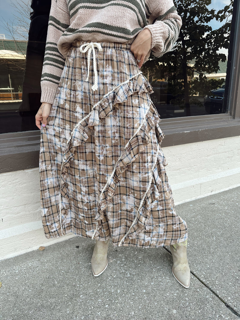 Lola Plaid Midi Skirt in Beige