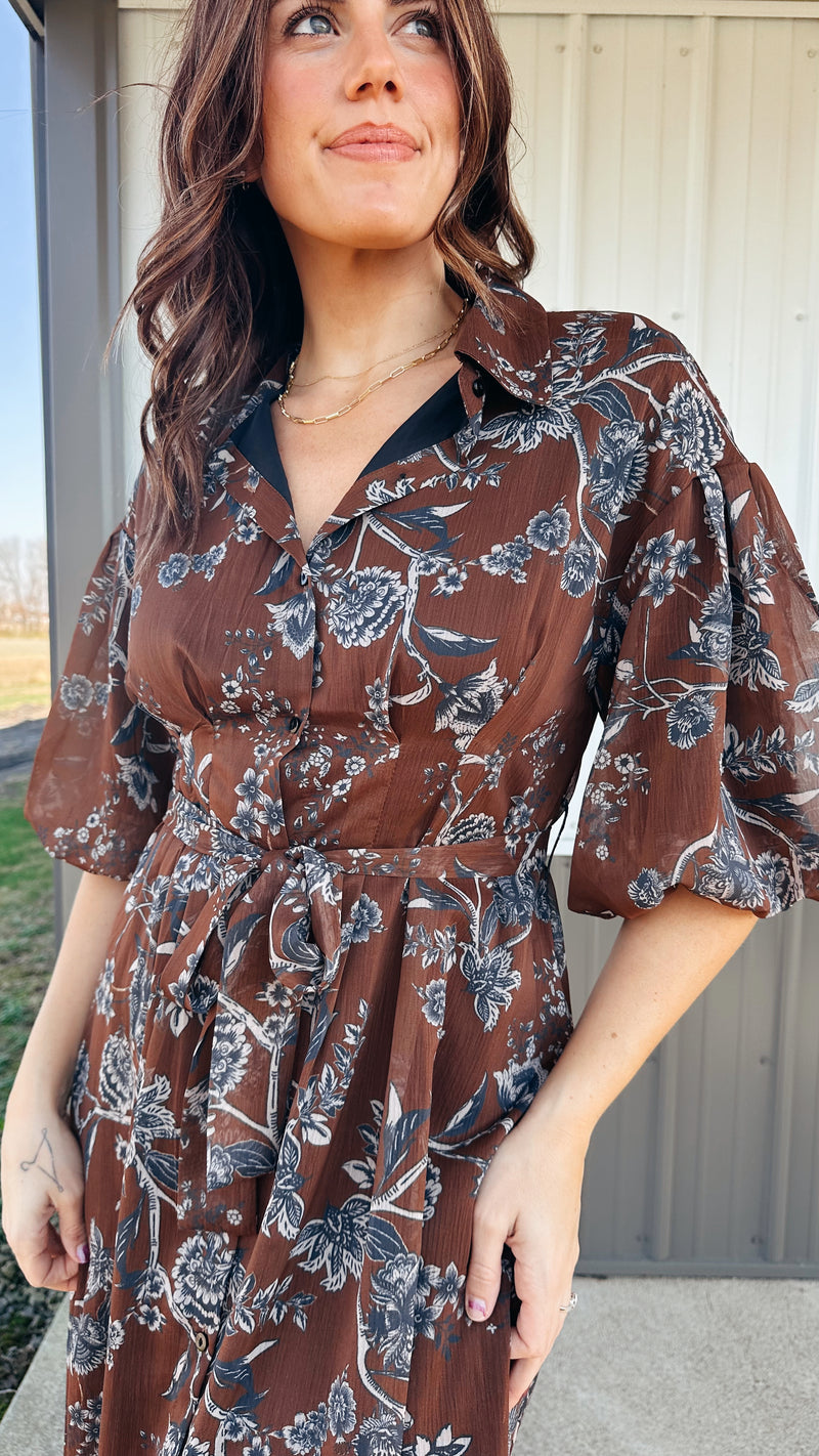 Floral Puff Sleeve Midi Dress