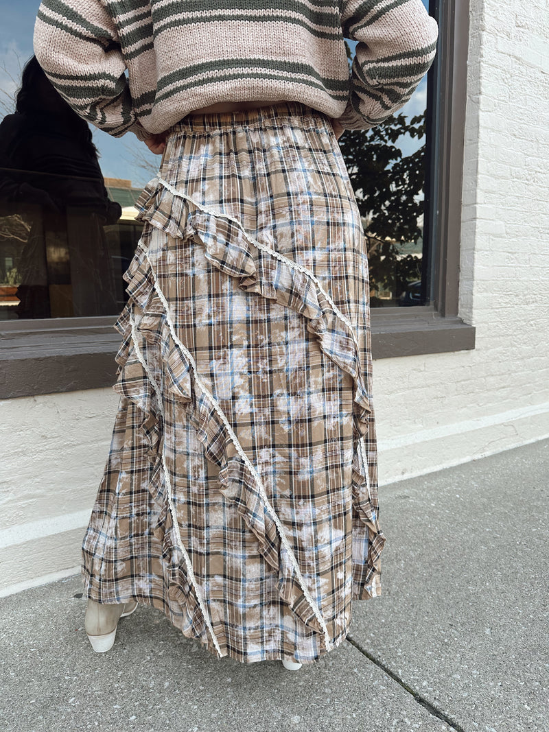 Lola Plaid Midi Skirt in Beige