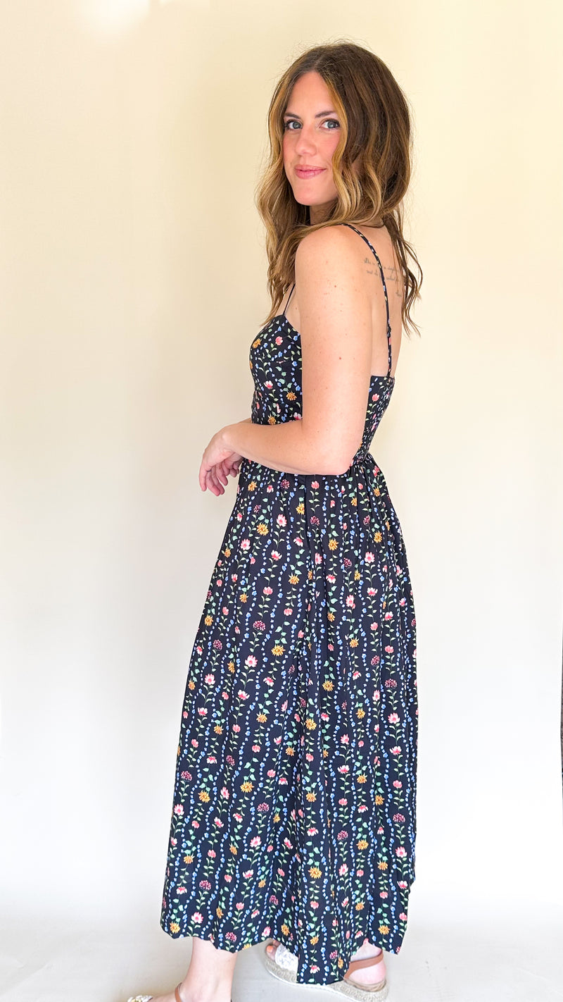 Ivy Floral Midi Dress in Black