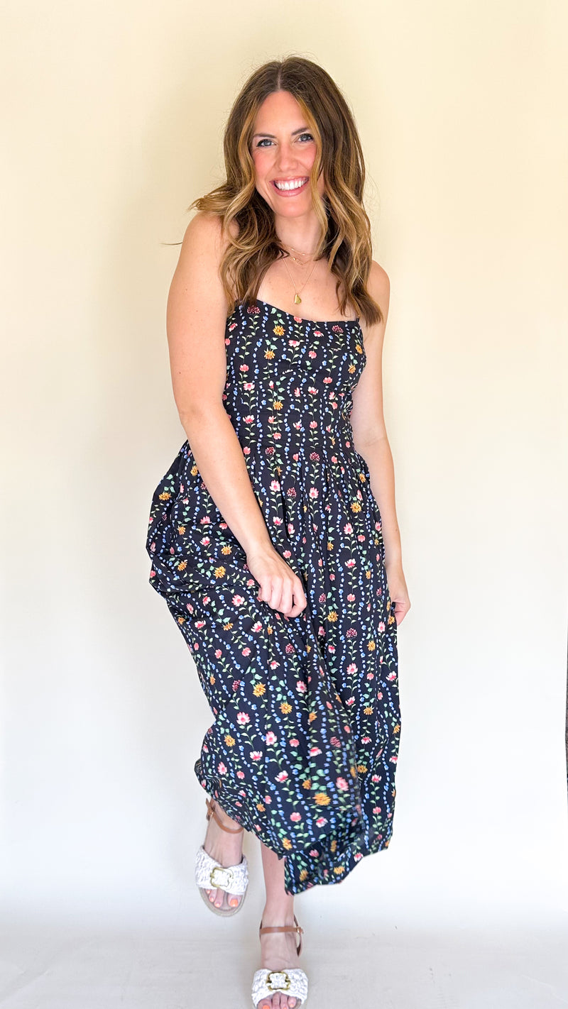 Ivy Floral Midi Dress in Black