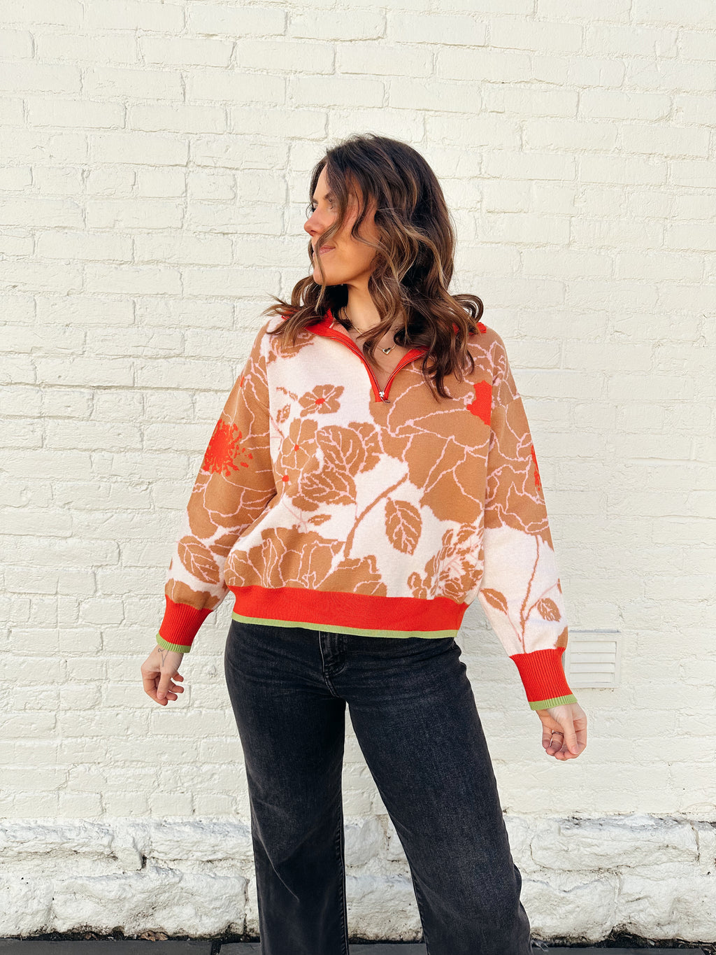 Coral Floral Half Zip Sweater