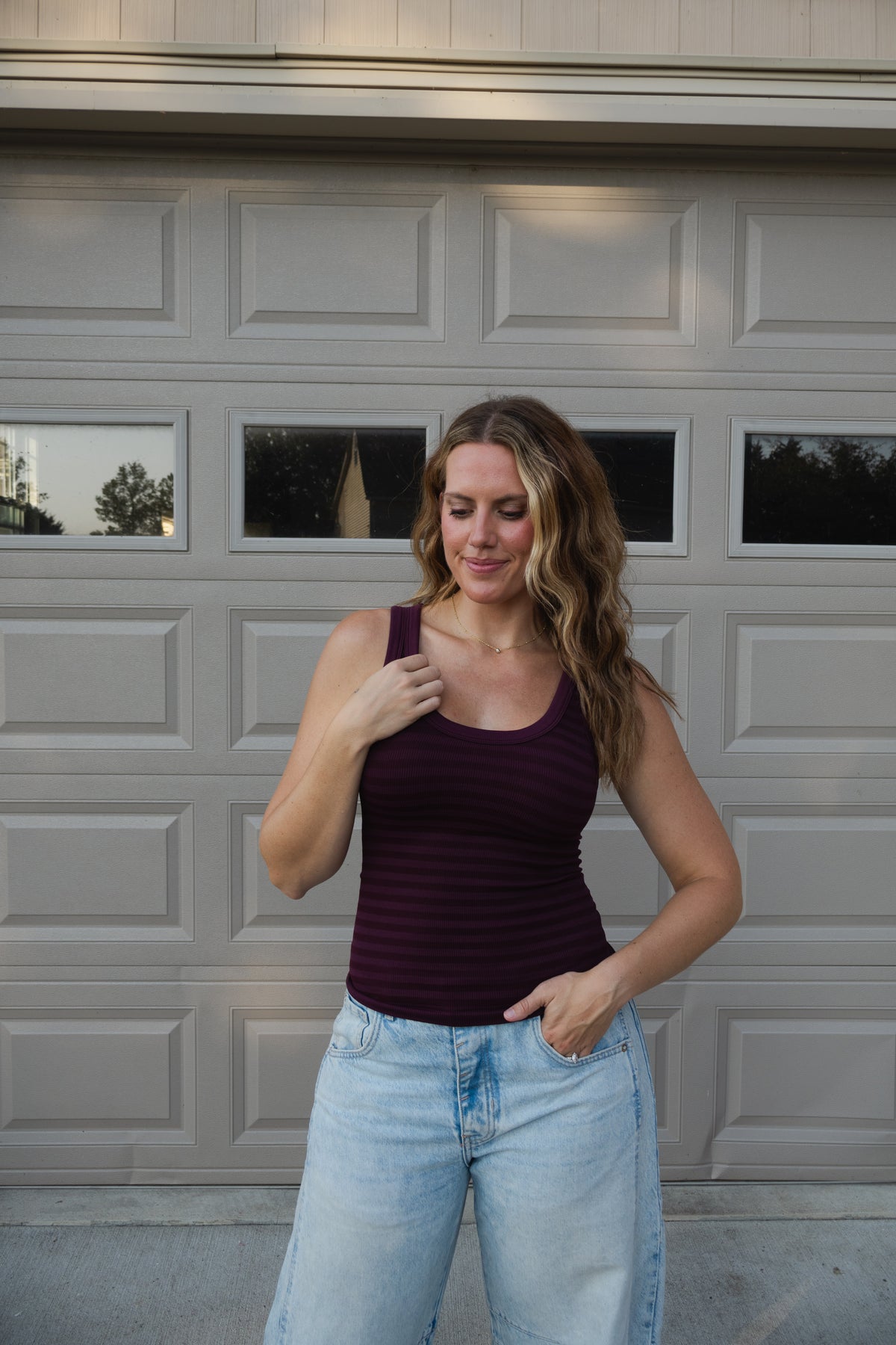 Reversible Striped Tank in Raisin