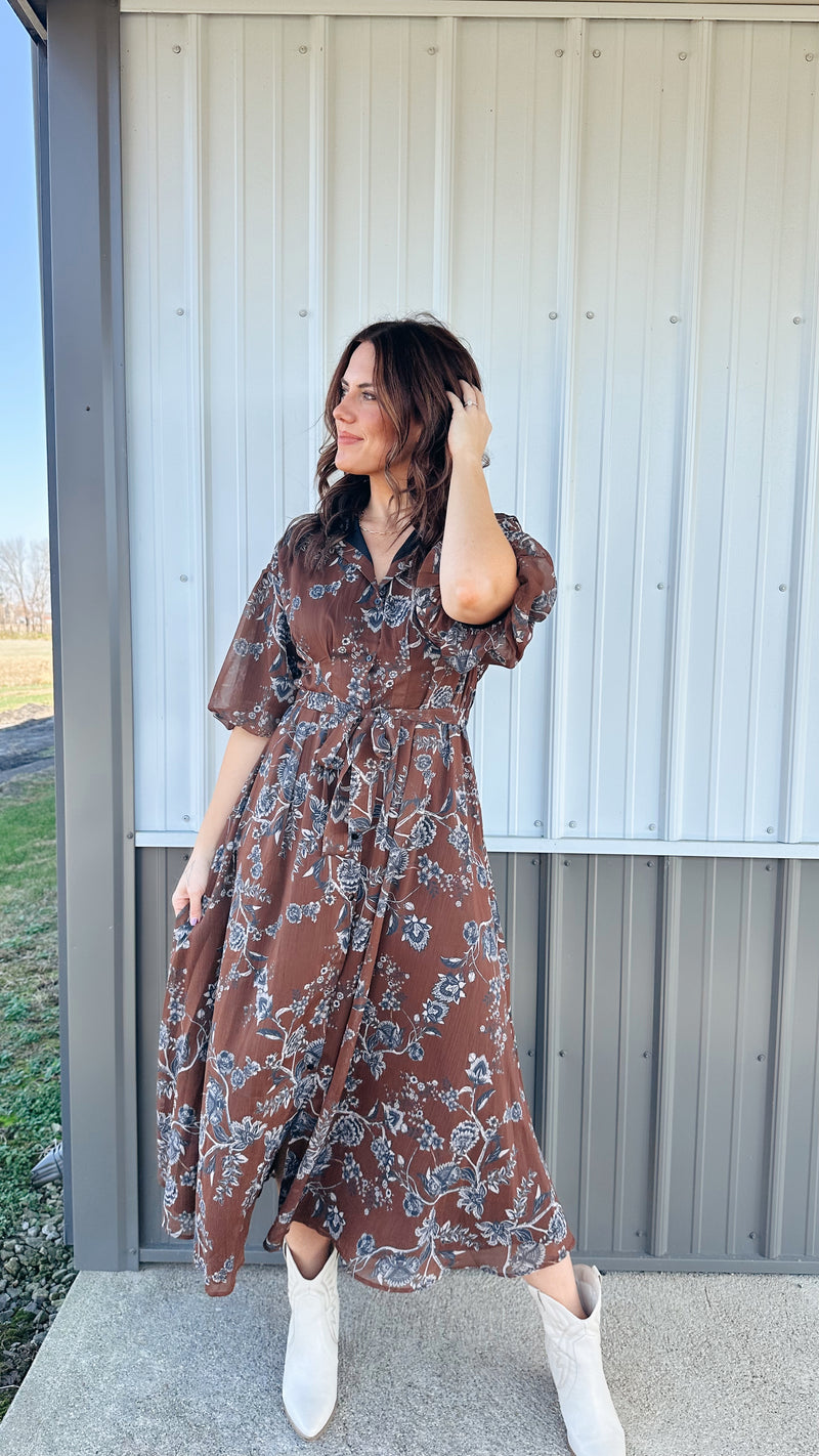 Floral Puff Sleeve Midi Dress