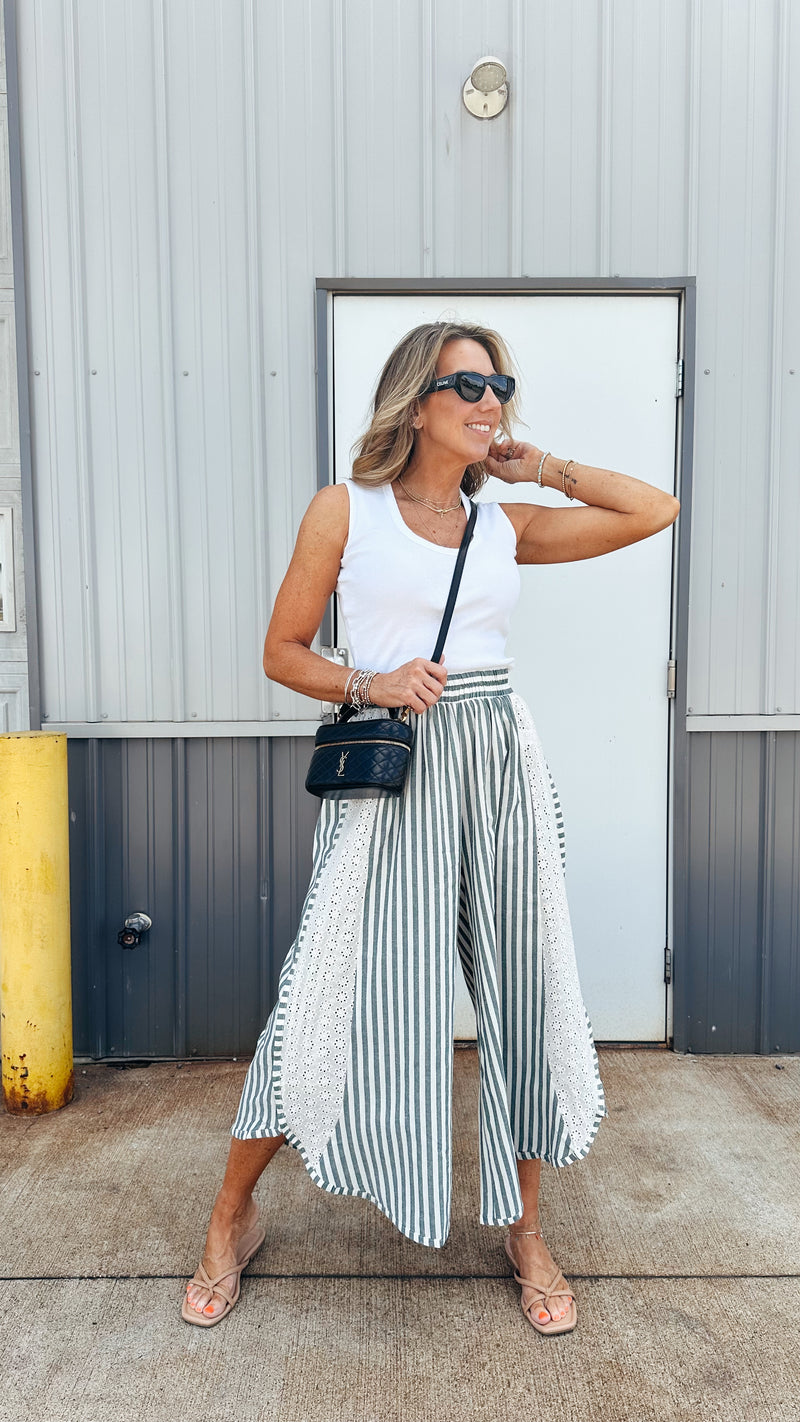 Holland Striped Eyelet Pant in Green