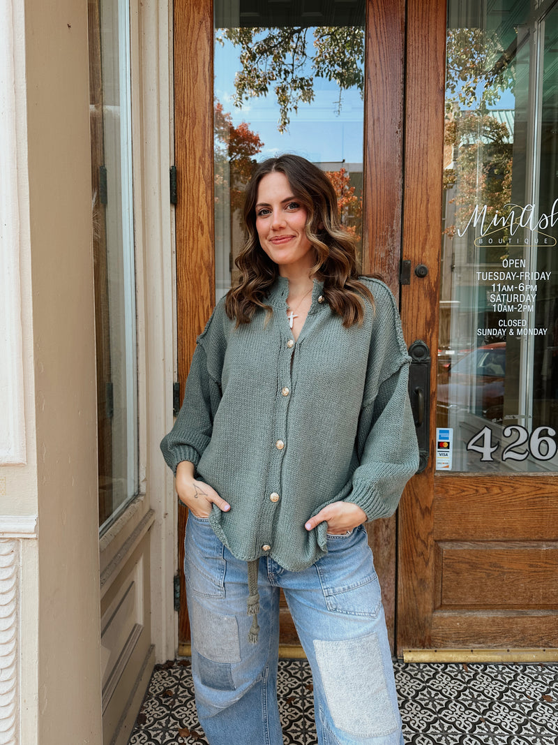 Cozy Gold Button Cardigan in Green